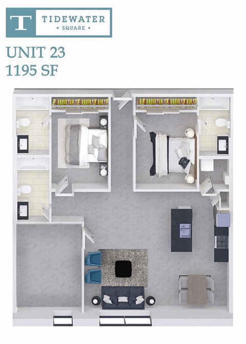 Floor plan for 2 beds, 3 baths, 1195 sqft